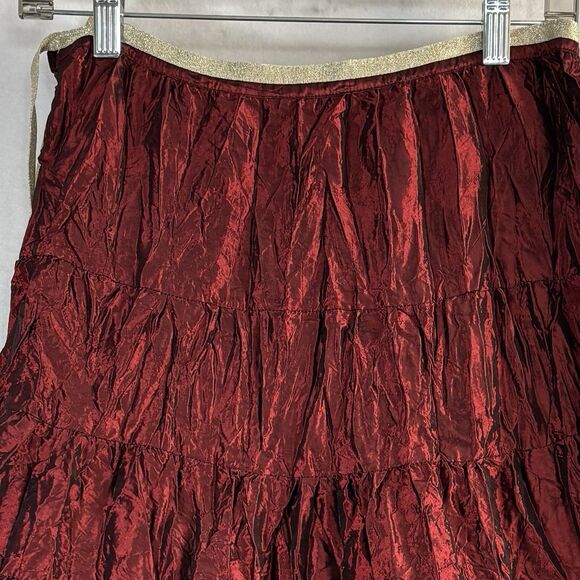 Shiny Midi Skirt Burgundy Crinkle Satin Taffeta Prairie Tiered Whimsy - Picture 6 of 10
